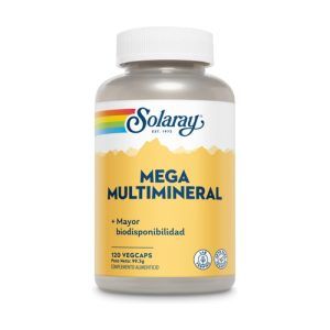 Mega Multi Mineral Solaray en cápsulas, 120 unidades. Suplemento multimineral completo diseñado para apoyar el equilibrio nutricional, la salud ósea y el bienestar general. Ideal para complementar la dieta diaria con minerales esenciales.