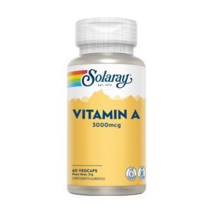 Vitamina A 3000 mcg Solaray (10.000 UI) en cápsulas, 60 unidades. Suplemento diseñado para apoyar la salud ocular, el sistema inmunológico y la piel. Ideal para complementar la ingesta diaria de vitamina A
