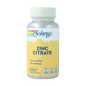 Zinc Citrato Solaray en cápsulas, 60 unidades. Suplemento diseñado para apoyar el sistema inmunológico, la salud general y la función celular. Ideal para complementar la ingesta diaria de zinc.