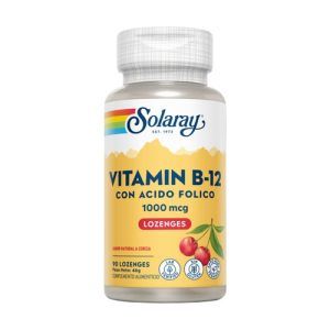 Vitamina B12 con Ácido Fólico 1000 mcg Solaray 90 comprimidos - Suplemento para aumentar energía, apoyar salud cardiovascular y mantener niveles adecuados de homocisteína