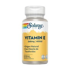 Vitamin E 400 UI Solaray en perlas, 50 unidades. Suplemento antioxidante diseñado para apoyar la salud general y el bienestar. Ideal para complementar la ingesta diaria de vitamina E