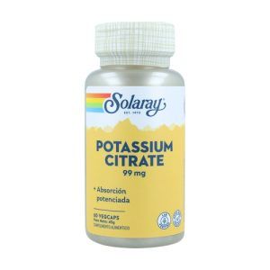 Potasio Citrato 99 mg Solaray en cápsulas, 60 unidades. Suplemento diseñado para mantener el equilibrio electrolítico y apoyar la salud cardiovascular. Ideal para complementar la ingesta diaria de potasio
