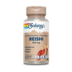 Reishi Solaray en envase de 60 cápsulas. Suplemento natural de hongos reishi, conocido por sus propiedades inmunoestimulantes y adaptógenas. Ideal para fortalecer el sistema inmunológico, aumentar la vitalidad y promover el bienestar general