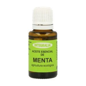 Aceite Esencial de Menta de Integralia en envase de 15 ml, conocido por sus propiedades refrescantes y estimulantes, ideal para la aromaterapia, aliviar dolores de cabeza y mejorar la concentración.