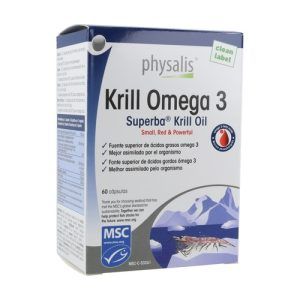 Krill Omega 3 Physalis en envase de 60 cápsulas, que proporciona ácidos grasos omega-3 derivados del krill, con beneficios para la salud cardiovascular, cerebral y articular.