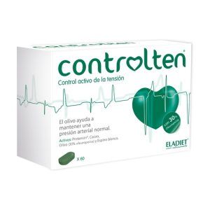Controlten Eladiet en envase de 60 comprimidos. Suplemento formulado con Protensin®, extracto de olivo, Cocoapure® y espino blanco para ayudar a reducir los niveles de presión arterial y promover una salud cardiovascular saludable. Cada componente contribuye a la regulación de la presión arterial y al mantenimiento de un sistema cardiovascular equilibrado