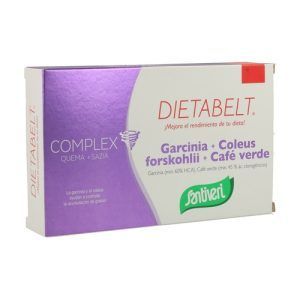 Dietabelt Complex Santiveri con Garcinia y Coleus en envase de 48 comprimidos. Suplemento formulado para ayudar en el control del peso y la gestión del metabolismo. Contiene Garcinia cambogia y Coleus forskohlii, conocidos por sus propiedades para apoyar la reducción del apetito y la quema de grasa