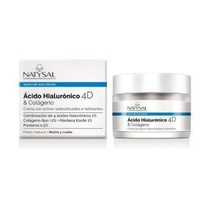 Crema Hidratante con Ácido Hialurónico 4D y Colágeno de Natysal en envase de 50 ml. Esta crema está diseñada para proporcionar una hidratación profunda y duradera, combinando ácido hialurónico en cuatro dimensiones para una absorción y eficacia superiores, junto con colágeno para mejorar la elasticidad y firmeza de la piel. Ideal para el cuidado diario y la hidratación intensiva de la piel facial.