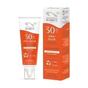 Spray Solar Cara y Cuerpo Alga Maris Biarritz Bio SPF30 en envase de 100 ml, ideal para proteger la piel del sol con una fórmula bio y de amplio espectro para todo el cuerpo y la cara.