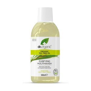 Enjuague Bucal Árbol de Té Dr Organic 500 ml. Formulado con extracto de árbol de té, este enjuague bucal ofrece propiedades antimicrobianas y refrescantes para mantener la salud bucal y combatir el mal aliento de manera natural