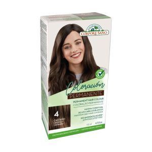 Tinte Castaño (4) Corpore Sano en envase de 140 ml, un tinte capilar que ofrece un color castaño intenso y natural, formulado para una cobertura completa y un acabado duradero con ingredientes amigables para el cabello