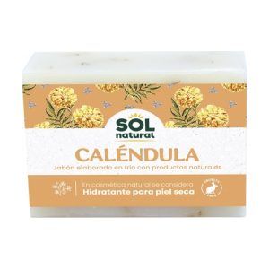Jabón Natural de Caléndula Pieles Secas Sol Natural en envase de 100 gr, un jabón formulado para hidratar y calmar la piel seca, enriquecido con extracto de caléndula para una limpieza suave y nutritiva.