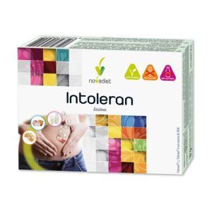 ntoleran de Novadiet, que contiene 30 comprimidos, formulado para ayudar en la digestión de alimentos y reducir la intolerancia alimentaria