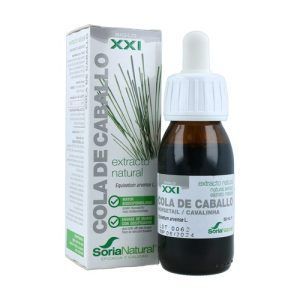 Envase de 50 ml de Extracto de Cola de Caballo Fórmula XXI de Soria Natural, un suplemento en extracto líquido que se utiliza para apoyar la salud del sistema urinario y promover la eliminación de líquidos