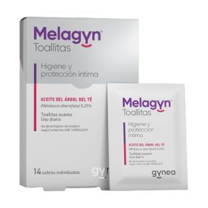 Toallitas íntimas individuales Melagyn Gynea, presentadas en un paquete de 14 unidades. Estas toallitas están formuladas para una limpieza y frescura óptimas, ideales para el cuidado diario de la zona íntima.