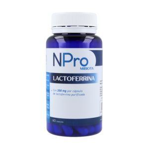 NPro Lactoferrina en envase de 60 cápsulas, cada una con 200 mg de lactoferrina, una proteína que apoya el sistema inmunológico y tiene propiedades antioxidantes para ayudar a mantener la salud general.
