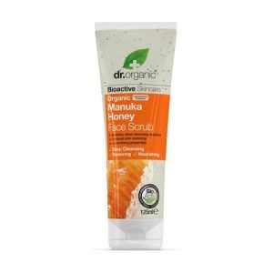 Exfoliante Facial Dr Organic Miel de Manuka en envase de 125 ml, un exfoliante que elimina células muertas y limpia la piel, formulado con miel de manuka para una exfoliación suave y beneficios adicionales para la piel.