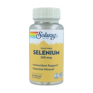 Selenium Solaray en envase de 90 cápsulas, con 200 mcg de selenio por dosis, diseñado para apoyar la función antioxidante del cuerpo y contribuir a la salud del sistema inmunológico y la piel.