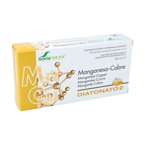 Diatonato 2 Manganeso Cobre Soria Natural en envase de 28 ampollas, diseñado para aportar manganeso y cobre, minerales esenciales que apoyan la salud ósea, el metabolismo y el bienestar general.