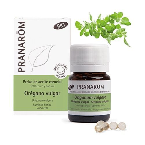 Perlas Orégano Vulgar Bio Pranarom en envase de 60 perlas, formulado con aceite esencial de orégano biológico, conocido por sus propiedades antibacterianas y beneficios para el sistema respiratorio y digestivo.