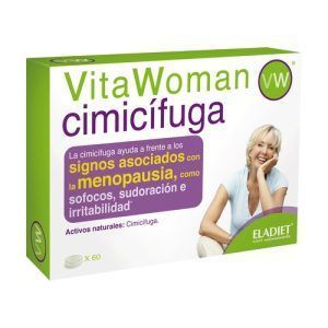 Vita Woman Cimicífuga Eladiet en envase de 60 comprimidos, formulado con extracto de cimicífuga para apoyar el bienestar femenino, especialmente durante la menopausia, aliviando los síntomas asociados.