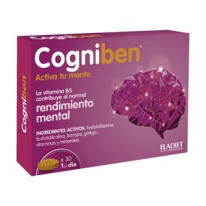 Cogniben Plus Eladiet en envase de 30 cápsulas. Suplemento formulado para apoyar la memoria y la función cognitiva. Ideal para mejorar el rendimiento mental, la concentración y la claridad mental, proporcionando un apoyo integral para la salud cerebral y el bienestar cognitivo