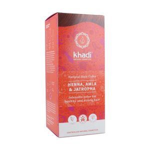 Henna Natural con Amla y Jatropha Khadi en envase de 100 gr, un polvo para el cabello que combina henna con amla y jatropha para proporcionar color natural y beneficios de fortalecimiento y revitalización.