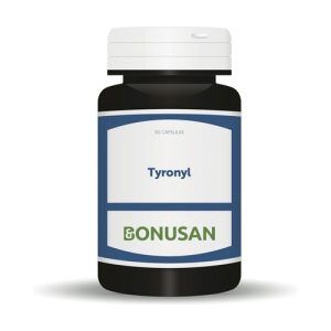 Tyronyl de Bonusan en envase de 90 cápsulas. Suplemento diseñado para apoyar la función tiroidea y mantener el equilibrio hormonal. Contiene ingredientes específicos que favorecen el metabolismo y la salud de la glándula tiroides, contribuyendo al bienestar general y al funcionamiento óptimo del organismo