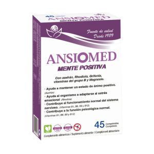 Ansiomed Mente Positiva de Bioserum, un suplemento en comprimidos diseñado para apoyar el bienestar emocional y mental. Contiene ingredientes naturales que ayudan a reducir el estrés y mejorar el estado de ánimo, promoviendo una mente positiva y equilibrada