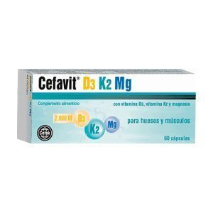 Cefavit D3 K2 Magnesio Cefak en envase de 60 cápsulas, formulado para proporcionar una combinación de vitamina D3, vitamina K2 y magnesio, apoyando la salud ósea y cardiovascular y promoviendo un equilibrio general en el cuerpo.