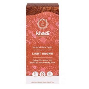 Tinte Vegetal Castaño Claro Khadi en envase de 100 gr, un tinte natural que proporciona un color castaño claro y brillante, elaborado con ingredientes vegetales para una coloración saludable y respetuosa con el cabello.