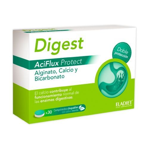 Digest AciFlux Protect de Eladiet en envase de 30 comprimidos. Suplemento diseñado para aliviar la acidez estomacal y proteger el sistema digestivo. Contiene ingredientes que ayudan a neutralizar el exceso de ácido, reducir la irritación gástrica y promover una digestión saludable