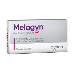 Óvulos vaginales Melagyn Gynea, presentados en un envase de 10 unidades. Estos óvulos están diseñados para el cuidado íntimo femenino, proporcionando una acción calmante y equilibrante en la zona vaginal.