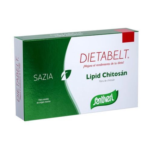 Dietabelt Sazia Lipid Chitosán Santiveri en envase de 60 cápsulas. Suplemento formulado para ayudar en el control del peso y la reducción de grasa corporal, utilizando chitosán para bloquear la absorción de grasas. Ideal para apoyar una dieta equilibrada y promover la pérdida de peso saludable