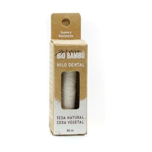 Hilo Dental de Seda Natural BioBambu en envase recargable de 30 metros, elaborado con seda natural y empaquetado en un envase reutilizable, proporcionando una opción ecológica para la limpieza interdental diaria.