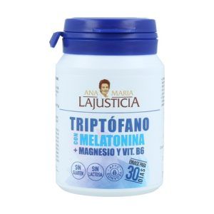 Envase de Triptófano con Melatonina, Magnesio y B6 de Ana María Lajusticia. Suplemento en comprimidos diseñado para mejorar la calidad del sueño, reducir el estrés y apoyar el bienestar general. La fórmula combina triptófano, melatonina, magnesio y vitamina B6 para promover un sueño reparador y equilibrio emocional.