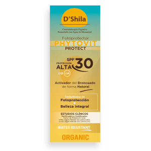 Bronceador Phytovit SPF 30 Dshila en envase de 100 ml, un bronceador con factor de protección solar 30 que ayuda a obtener un bronceado dorado mientras protege la piel de los daños del sol.