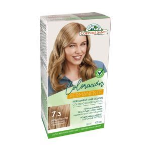 Tinte Rubio Dorado (7.3) Corpore Sano en envase de 140 ml, un tinte capilar que proporciona un color rubio dorado brillante y natural, formulado para ofrecer una cobertura completa y un acabado luminoso con ingredientes suaves para el cabello.