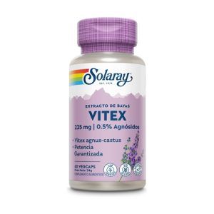 Vitex Agnus Castus de Solaray en envase de 60 cápsulas. Suplemento a base de sauzgatillo, conocido por sus propiedades para apoyar el equilibrio hormonal femenino. Ayuda a regular el ciclo menstrual, aliviar los síntomas del síndrome premenstrual (SPM) y promover un bienestar hormonal general.