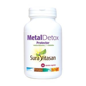 Envase de 60 cápsulas de Metal Detox Protector de Sura Vitasan, un suplemento formulado para apoyar la eliminación de metales pesados y detoxificar el organismo.