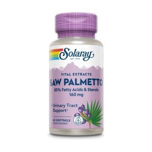 Sabal Saw Palmetto Solaray en envase de 60 cápsulas, formulado con extracto de saw palmetto para apoyar la salud de la próstata y el equilibrio hormonal en hombres.