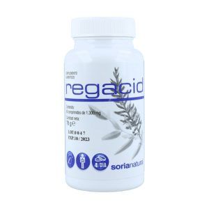 Regacid Acidez de Soria Natural en envase de 60 comprimidos. Suplemento formulado para proporcionar alivio de la acidez estomacal y el malestar digestivo. Contiene ingredientes naturales que ayudan a neutralizar el ácido estomacal, reducir la irritación y promover un equilibrio digestivo saludable