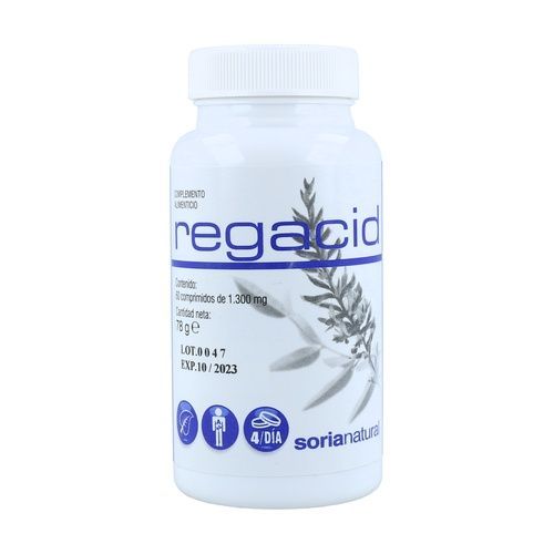 Regacid Acidez de Soria Natural en envase de 60 comprimidos. Suplemento formulado para proporcionar alivio de la acidez estomacal y el malestar digestivo. Contiene ingredientes naturales que ayudan a neutralizar el ácido estomacal, reducir la irritación y promover un equilibrio digestivo saludable