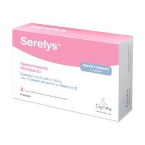 Serelys de Laboratorios Gynea en envase de 30 cápsulas. Suplemento diseñado para apoyar el equilibrio hormonal femenino y aliviar los síntomas asociados con el ciclo menstrual. Con ingredientes naturales que ayudan a mantener el bienestar general y la salud ginecológica