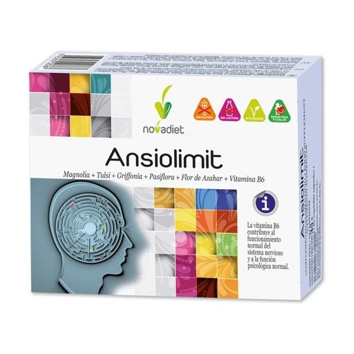 Ansiolimit Novadiet en 60 cápsulas, un suplemento diseñado para reducir la ansiedad y el estrés. Contiene ingredientes naturales que ayudan a promover la relajación y el equilibrio emocional, favoreciendo una sensación de calma y bienestar