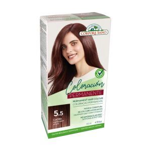 Tinte Caoba (5.5) Corpore Sano en envase de 140 ml, un tinte capilar que proporciona un color caoba cálido y vibrante, formulado para una cobertura completa y duradera con ingredientes que respetan el cabello.
