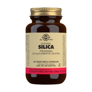 Silicio Oceánico Silice de Solgar en envase de 50 cápsulas, formulado con silicio para apoyar la salud de piel, cabello, uñas y tejidos conectivos, proporcionando beneficios para la elasticidad y fortaleza general.