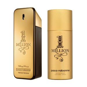1 Million de Paco Rabanne, que incluye una fragancia Eau de Toilette de 100 ml y un desodorante. El set presenta un diseño lujoso y distintivo, con el perfume conocido por sus notas especiadas y amaderadas, ideal para una experiencia de fragancia masculina sofisticada y elegante.