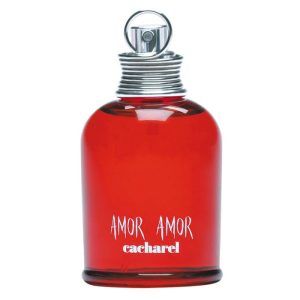 Amor Amor de Cacharel en envase de 100 ml, una fragancia femenina con una combinación romántica de notas florales y frutales, en un elegante frasco rojo que refleja su carácter vibrante y apasionado.