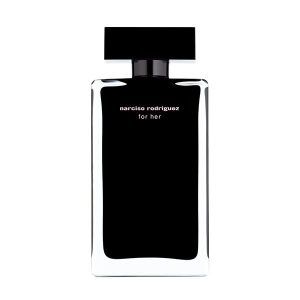 Narciso Rodriguez For Her en envase de 100 ml, una fragancia femenina con notas elegantes y sofisticadas de almizcle, flores y madera, presentada en un frasco de diseño simple y chic que refleja su carácter distintivo y sensual.